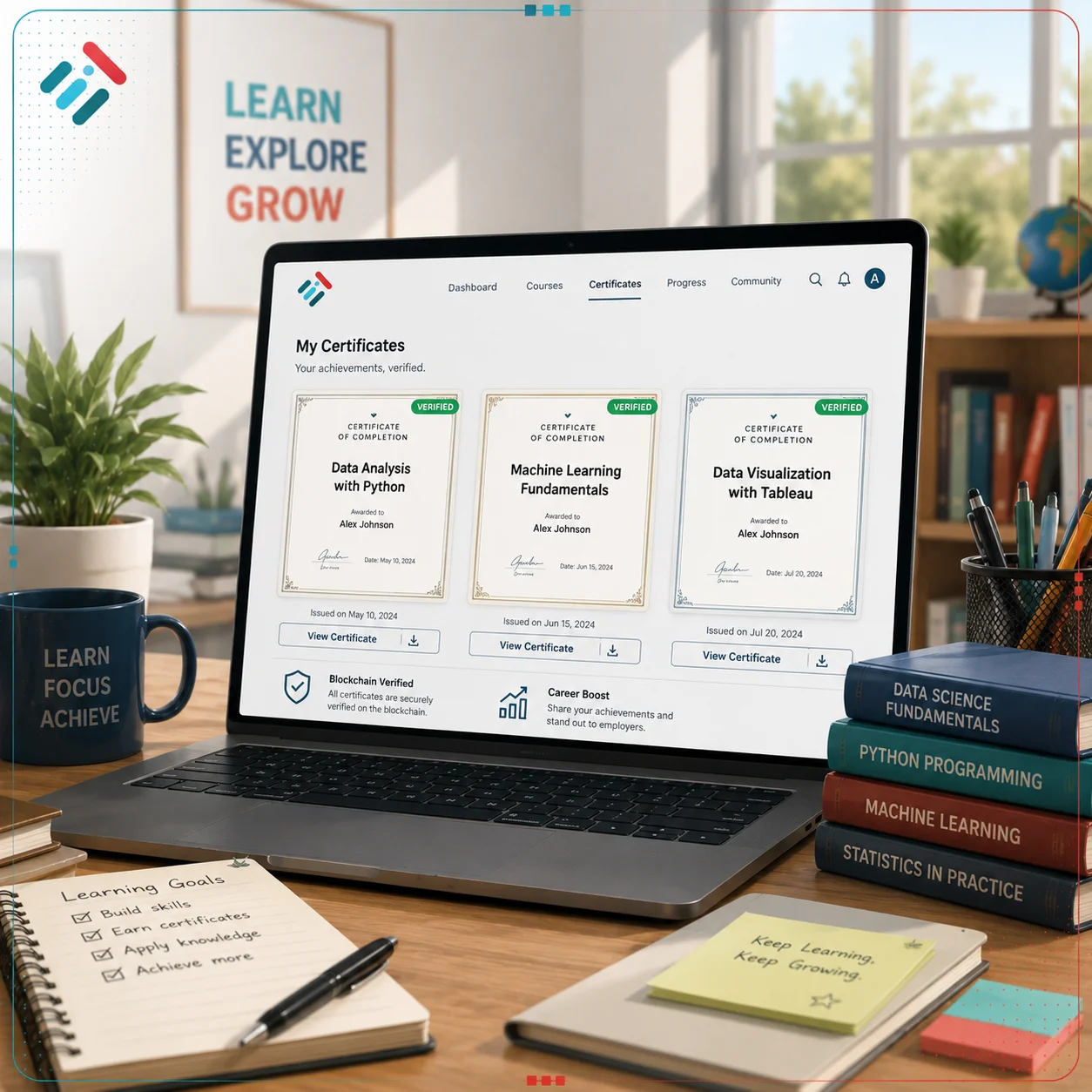 لابتوب يعرض شهادات رقمية مع شارات اعتماد على منصة تعليمية، في غرفة دراسة حديثة
