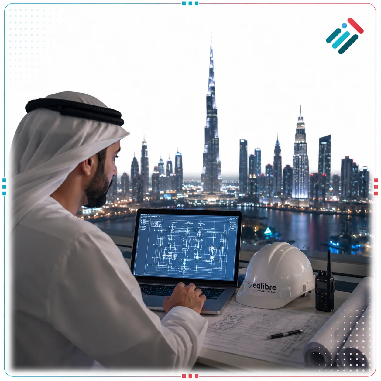 مهندس عربي يراجع مخططات كهربائية على حاسوب محمول أمام نافذة تطل على مدينة دبي ليلاً