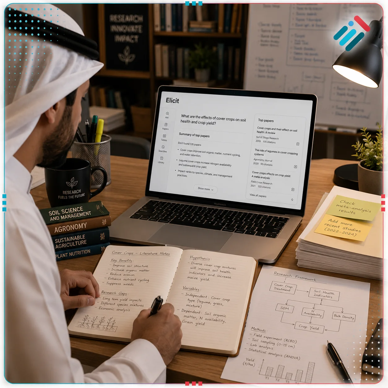 مكتب باحث عربي تظهر عليه شاشة تعرض أداة إليسيت ومذكرات ورقية